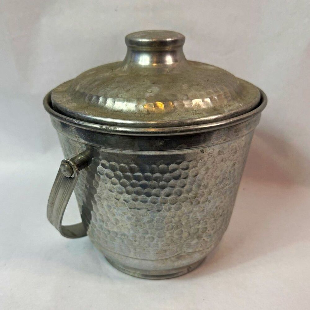 Vintage Hammered Aluminum Ice Bucket with Lid Made in Italy Mid-Century Barware